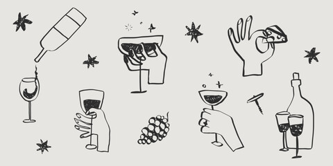 Plakat Whimsical chalk doodles of wine glasses and cheers. Perfect sketch for party invitations and Italian restaurant menus in crayon style. La dolce vita coquette vector illustration