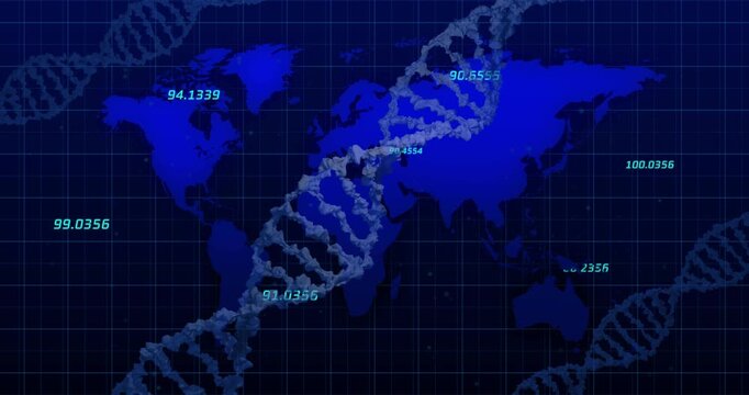 Helix appearing corner, sweeping diagonal, rotating, lighting values, mapping genomes on world grid