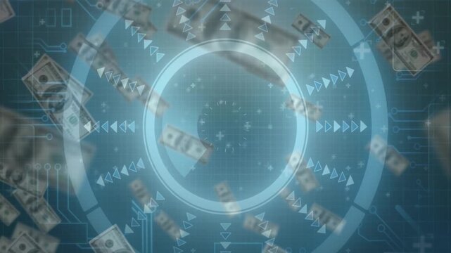 Faint central light pulling falling US dollar bills into rotating HUD, visualizing money flow