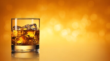 Whiskey on the Rocks: A captivating glass of amber whiskey, generously filled with ice cubes, stands prominently against an inviting gradient background.