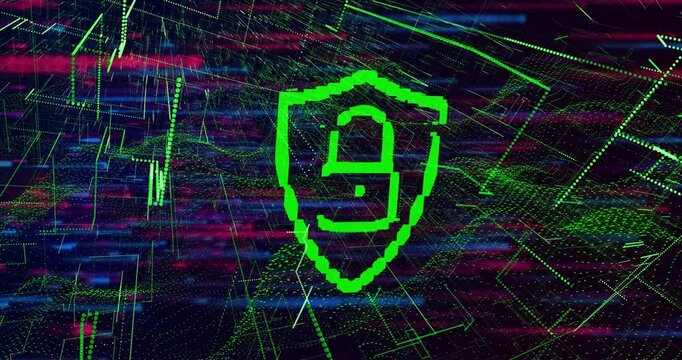 Data pulse initiating neon-green shield assembling into padlock, growing then dimming for security