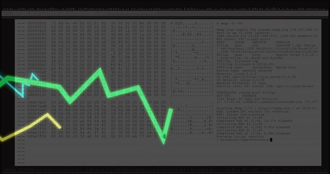 Panel fading in starting neon lines animating across terminal, showing hex logs and blinking cursor