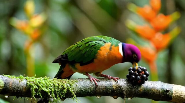 Vibrant Purple-crowned Tanager Bird Feasting on Wild Berries in Lush Forest.