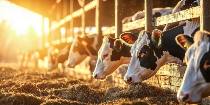 Serene agricultural life captured as cows feed in warm light.