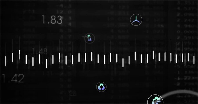 Starting from low waveform pulse, wide bars with polyline animating, icons rising, showing metrics