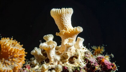 Obraz premium A detailed close-up of a unique, light-colored tubular marine sponge or coral structure with frilly edges against a dark underwater background.