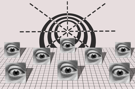 Collage illustration in surrealism style with a group of eyes