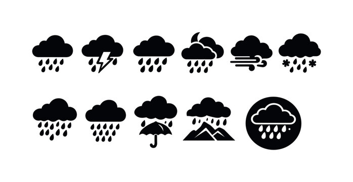 Weather solid icon set. Rain, storm, snow, cloud icons solid style collection