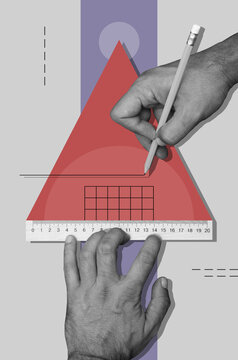 Collage with a hands holding pencil and ruler