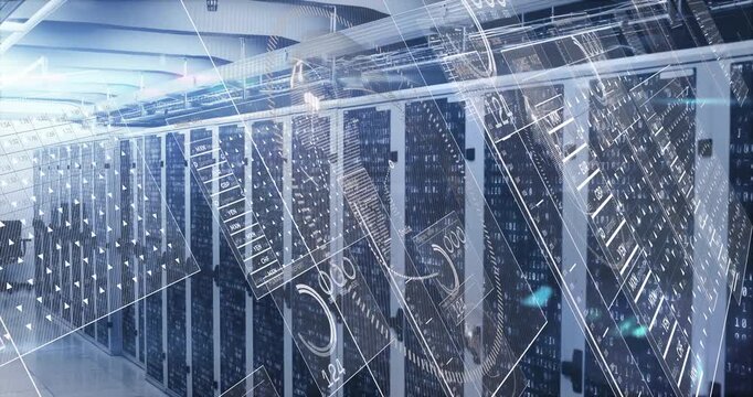 Network ping launching HUD, server racks sliding past camera, charts rotating, showing FX metrics