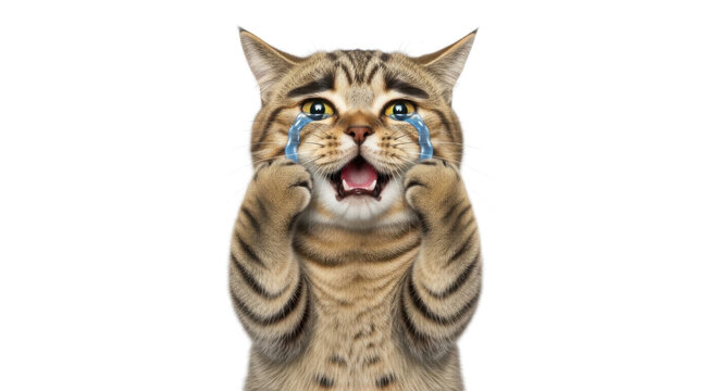 Sad tabby cat crying with blue tears, front view isolated PNG with Transparent Background