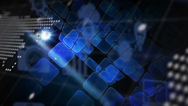 Light pulse sparking, interface shifting, revealing halftone map, blue tiles and code, showing data