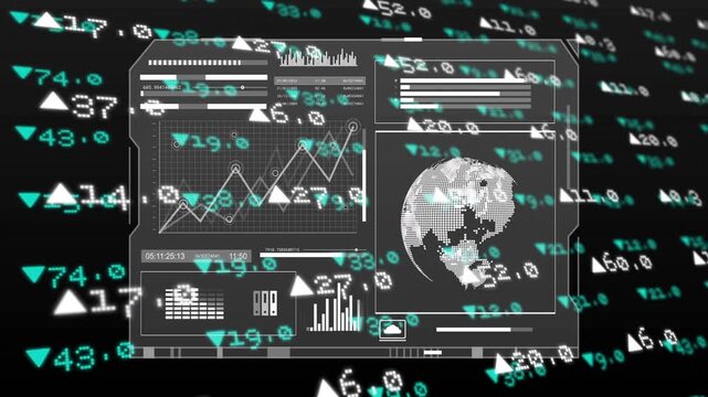 Translucent dashboard receiving ticker stream, updating chart, rotating globe, visualizing market