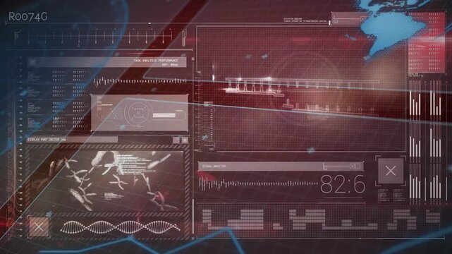 Analytical dashboard progressing as numeric readout hits threshold, forming DNA helix for analysis