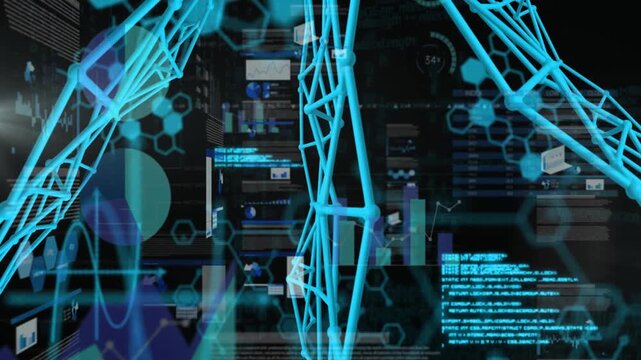 Entering top corners, wireframe lattice shifting, rotating, revealing analytics panels, updating UI