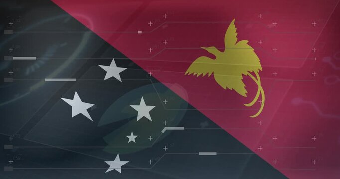 On loop start flag graphic receiving overlays, stars pulsing, bars sliding for broadcast