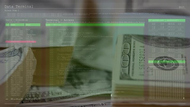 Stacked $100 bills staying still while Data Terminal overlay fading in, scanning serial numbers