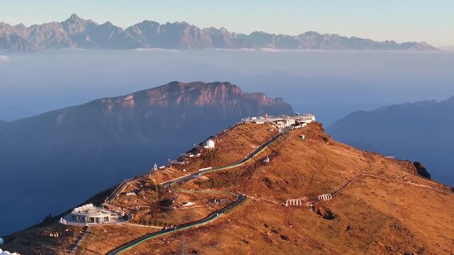 Aerial View of Niubeishan Mountain encampment at Sunrise