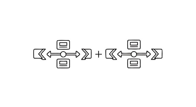 Abstract representation of two identical symmetrical diagrams with arrows and boxes.