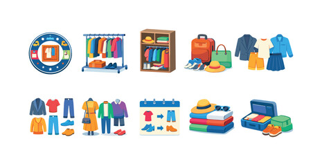 Clothing and wardrobe 3d icon set. Fashion, apparel, travel icons collection