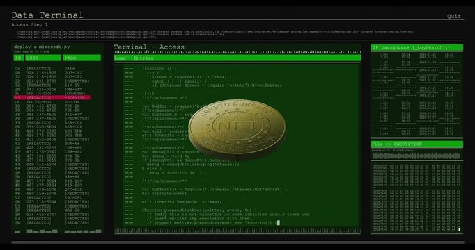 Gold token appearing from black rotating and scaling over green terminal obscuring code showing NFT