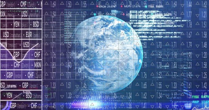 Left-right wipe starting while glass blue globe anchoring, tickers streaming, showing market shifts
