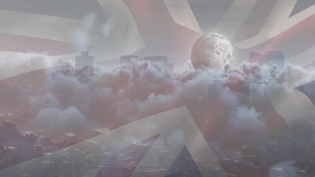 On start cloud bank drifting right rising revealing skyline moon glowing flag shifting dreamy mood