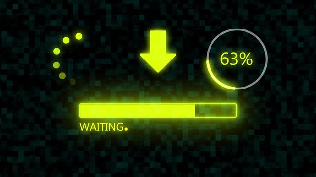   Waiting   Upload Progress Bar 0 to 100%  with Yellow  Glowing Download Arrow and Percentage Indicator