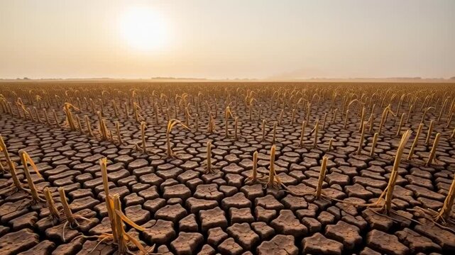 Cracked dry earth and withered corn stalks under a hazy sunset sky