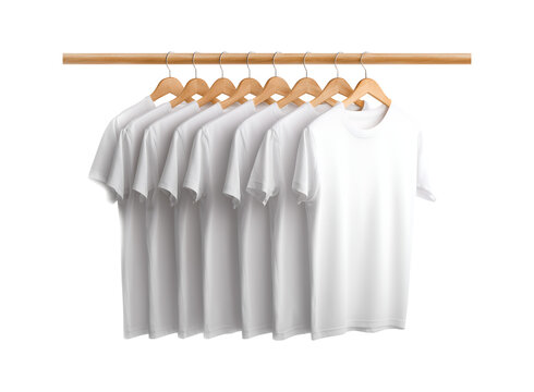 Blank White T-Shirts on Wooden Hangers in a Row - Ready for Design Mockup