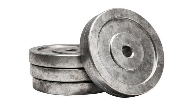Heavy metal weight plates isolated on white background, gym barbell discs for strength training, bodybuilding fitness equipment concept