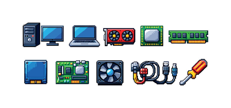 Computer hardware pixel icon set. Motherboard, cpu, gpu, ram icons in pixel style