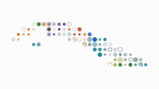 Cuba map animation. Shape of the country with pulsating colored dots. Large size circle blocks. Digital style Cuba map on white background. Artistic video.