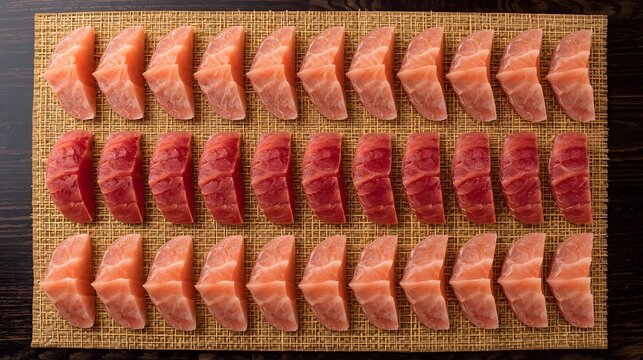 Sashimi Symmetry: A Disciplined Arrangement of Tuna and Amberjack on Bamboo, The Art of Raw: Parallel Rows of Premium Seafood in Geometric Perfection