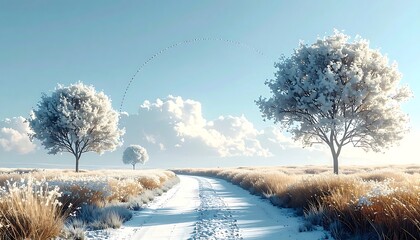 Winter scene with snow-covered trees, a road, and open fields under a bright blue sky