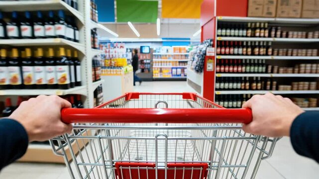 First-person perspective of someone navigating a shopping cart through a modern grocery store aisle.