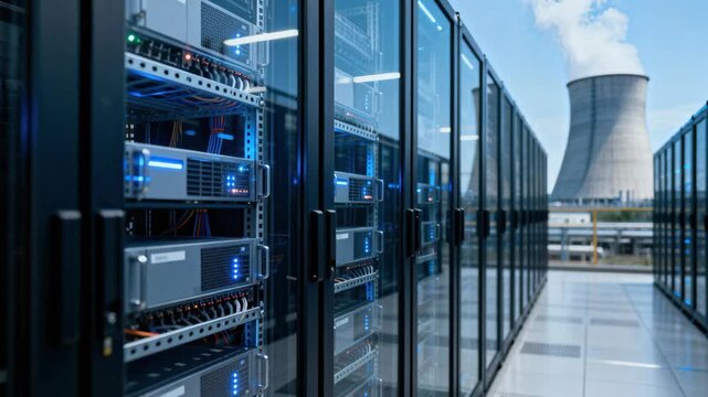 High-tech server room with data storage racks and a nuclear power plant in the background.