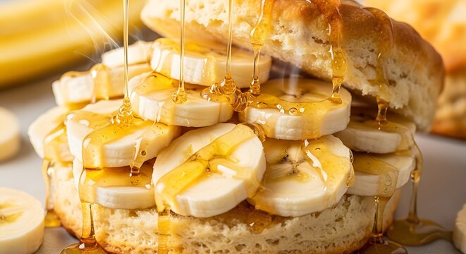 Delicious Banana Pancakes with Syrup and Honey.