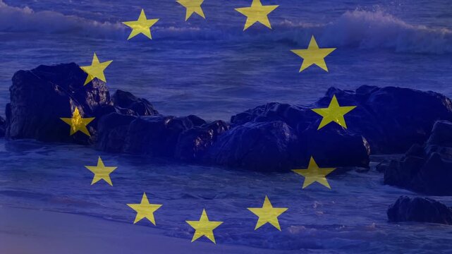 On play star ring rotating and drifting over rocky dusk coast, showing semiopaque flag overlay