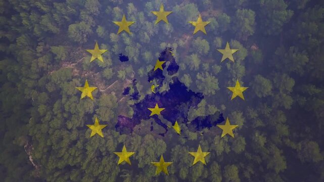EU overlay fading in above forest, stars and blue map increasing opacity, showing EU coverage