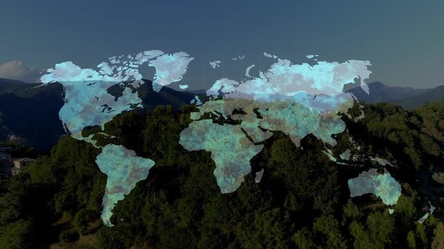 Overlay appearing at start, world map growing, filling turquoise texture to show global coverage