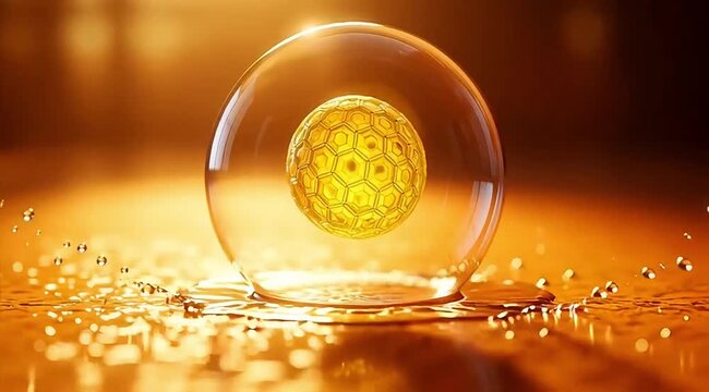 Golden Honeycomb Crystal Ball on Water Surface with Sparkling Droplets and Warm Lighting Effects