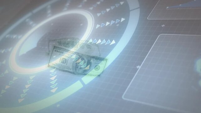 Fading in, semi-transparent USD bill sliding and rotating across HUD, showing transaction flow