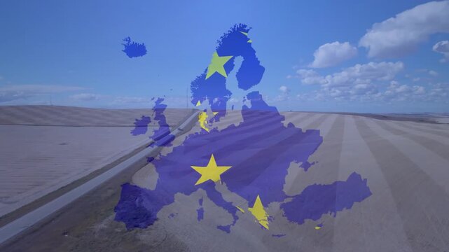 Camera moving forward, Europe map with yellow stars staying centered as sand sliding, showing route