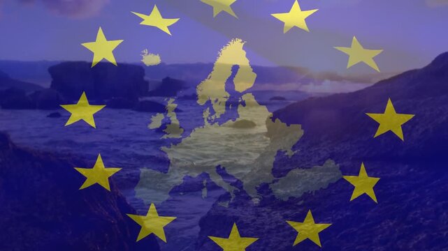 EU emblem appearing over dusk shore, map mask showing waves and pulsing stars linking maritime ties