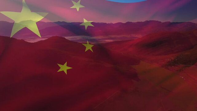 Chinese flag overlay waving over mountains, blue EU band emerging and blending to show cooperation