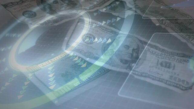 HUD overlay appearing on US100 bills ring rotating arrows sweeping round box sliding tracking funds