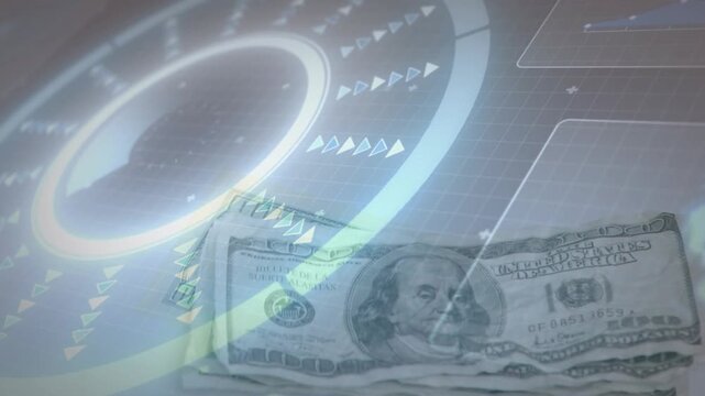 Glowing HUD pulsing and rotating, causing dim USD100 bill appearing, shifting upleft for finance UI