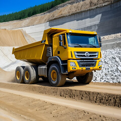 Heavy articulated dump truck work at a huge dam construction site