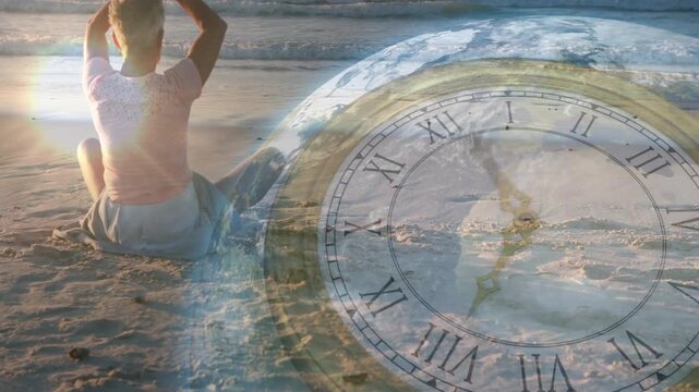 Senior woman moving to lotus health meditation, praying as dawn triggers shifting clock overlaying